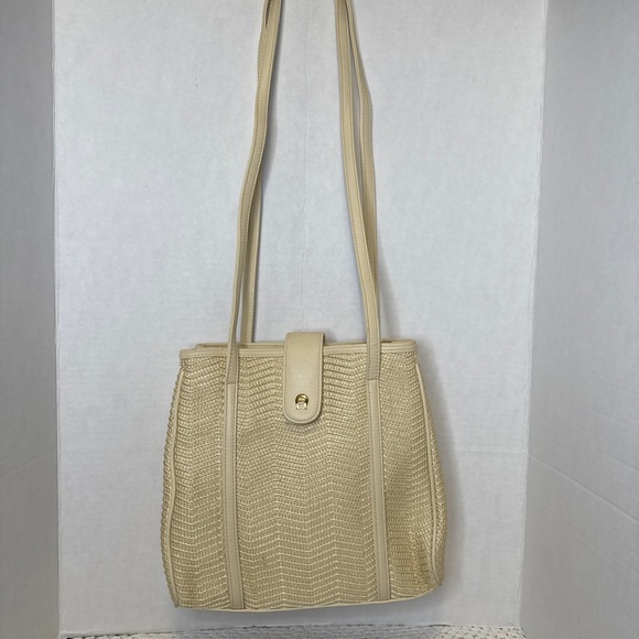 Vintage 80s ETIENNE AIGNER Woven Leather Trim Shoulder Bag Tote Handbag Cream - Picture 1 of 8